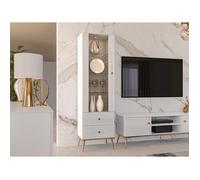 Vitrine haute - DARRBY- 1 porte et 2 tiroirs LED - blanc avec pieds dorés