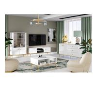 Vitrine haute - DARRBY- 4 porte - avec LED - blanc avec pieds dorés