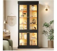 Vitrine haute - Noir - LED intégrée, porte vitrée, étagères réglables, anti-basculement, MDF et métal