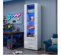 Vitrine LED - 60x35x180cm - Éclairage RGB via App & 3 Tiroirs - Colonne de Rangement Blanc Brillant