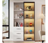 Vitrine LED - Bibliothèque - 80 x 40 x 160 cm - Porte en Verre Trempé - 3 Tiroirs 3 Niches - Meuble Salon Bureau - en Blanc