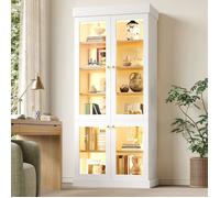 Vitrine Lumineuse Blanche - Bibliothèque - en Verre - avec Éclairage LED Vertical Double et 4 Portes Vitrées - Style Moderne
