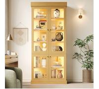 Vitrine Lumineuse - Effet Bois - Bibliothèque - en Verre - avec Éclairage LED Vertical Double et 4 Portes Vitrées - Style Moderne