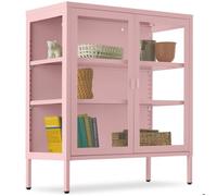 Vitrine métallique - TECTAKE - BAKER 2 portes 3 côtés vitrés fermeture magnétique étagères réglables 80 x 37 x 90 5 cm - Rose