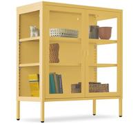 Vitrine métallique - TECTAKE - BAKER à 2 portes 3 côtés vitrés fermeture magnétique étagères réglables - Jaune