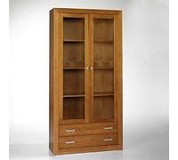 Vitrine meuble de rangement 2 portes en pin massif coloris cerisier - Longueur 100 x Profondeur 37 x Hauteur 200 cm --