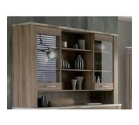 Vitrine, meuble de rangement coloris Chêne truffe, blanc vieilli - Longueur 160 x profondeur 38,4 x hauteur 107,3 cm --