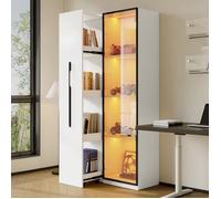 Vitrine minimaliste moderne, vitrine à porte vitrée, éclairage LED intégré, avec bibliothèque coulissante, armoire haute, blanc