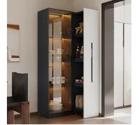 Vitrine mobile avec éclairage LED - MODERNLUXE - 70x40x160 cm - 1 porte vitrée - 1 tiroir - Avec roulettes - Noir+blanc