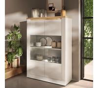Vitrine moderne 2 portes laqué blanc et bois + led ARIA