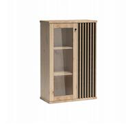 Vitrine Moderne pour Salon Caya Lamelles Façade en Verre Deux Tiroirs en Chêne Artisan