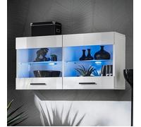 Vitrine Murale Komodee SAVONA - LED bleues - Blanc Brillant et Blanc - Facades Brillant - 100 x 50 x 30 cm