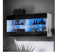 Vitrine Murale Komodee SAVONA - LED bleues - Noir Brillant et Blanc - Facades Brillant - 100 x 50 x 30 cm