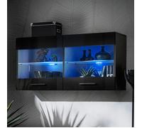 Vitrine Murale Komodee SAVONA - LED bleues - Noir Brillant et Noir - Facades Brillant - 100 x 50 x 30 cm