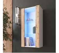 Vitrine Murale Komodee TIVOLI - LED bleues - Bois naturel & Blanc - Facades en Mat - 50 x 100 x 29 cm