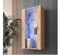 Vitrine Murale Komodee TIVOLI - LED bleues - Bois naturel - Facades en Mat - 50 x 100 x 29 cm