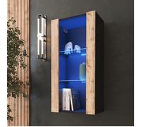 Vitrine Murale Komodee TIVOLI - LED bleues - Bois naturel & Noir - Facades en Mat - 50 x 100 x 29 cm