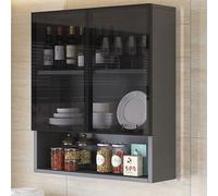 Vitrine murale moderne en verre pour salle de bain et cuisine, solution de rangement étroite marron/gris avec poignée cachée, décoration d'intérieur chic au-dessus des toilettes.