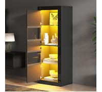 Vitrine noir brillant avec éclairage LED réglable USB, étagères en verre trempé ajustables, 61x42x162 cm