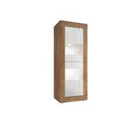 Vitrine OTELLO 2 portes aspect bois finition Mercure - Façades blanc texturées et verre avec Leds - 61x42x161cm