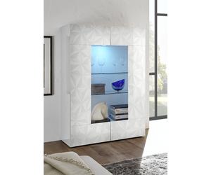 Vitrine - PARIGI - Blanc Laqué Brillant & Relief Sérigraphie - 2 Portes - 121 x 43 x 166 cm