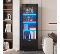 Vitrine salon Noir LED brillantes avec portes vitrées verre éclairées bibliothèques et vitrines en verre avec portes