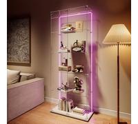 Vitrine sur pied en verre blanche avec éclairage LED et roulettes - 5 étages - 186,5 x 34,5 x 78,5 cm - Sans cadre - Tablettes en verre réglables en hauteur - Pour salon, bureau, livre