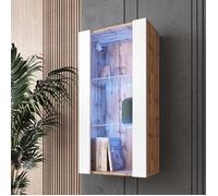 Vitrine Suspendu Murale Komodee TIVOLI - LED bleues - Blanc & Bois naturel - Facades en Mat - 50 x 100 x 29 cm