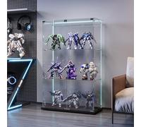 Vitrine Trempé pour Collection, Vitrine en Verre Noir avec Band LED et Serrure, Transparent Armoire Vitrines Sur Pied Moderne avec 3 Étagères et 2 Portes pour Salon, Chambre,Bureau, 124x80x35cm