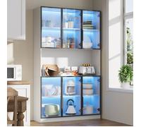 Vitrine Verre LED 120x34x200cm, Bibliothèque,Meuble de Rangement, Buffet Salle a Manger, 4 Armoires, 6 Portes Vitrées, Blanc
