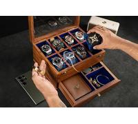 'Vitrine vintage en palissandre de qualité supérieure pour homme avec 8 emplacements séparés, oreillers en velours doux et tiroir pour portefeuille, boutons de manchette et accessoires'