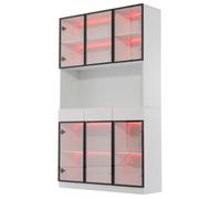 Vitrine vitrée 120x32x200cm blanc et noir éclairage LED, bibliothèque multi-rangements collections, salon chambre bureau