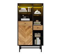 ""Vitrine, vitrine avec ruban lumineux LED 12 couleurs, armoire avec tiroirs et étagères en verre, grain de bois triangulaire ""