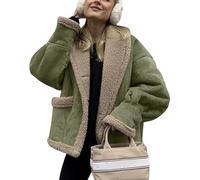 Vitrywei chouyatou Women's Winter Casual Faux Suede Leather Jacket Button Down Fuzzy Sherpa Lined Jacket Coat,Wool jacket for ladies Overcoat (Green, M)