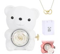 Vitrywei Engraved Heart Necklace with Real Rose Bear Giftbox,Preserved Rose Hug Bear Gifts for Women,Preserved Rose Gifts Set,Eternal Rose Flowers Flip Bear Jewelry Box,for Women's gifts (White)
