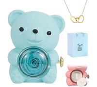 Vitrywei Engraved Heart Necklace with Real Rose Bear Giftbox,Preserved Rose Hug Bear Gifts for Women,Preserved Rose Gifts Set,Eternal Rose Flowers Flip Bear Jewelry Box,for Women's gifts (Blue)