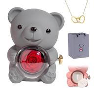Vitrywei Engraved Heart Necklace with Real Rose Bear Giftbox,Preserved Rose Hug Bear Gifts for Women,Preserved Rose Gifts Set,Eternal Rose Flowers Flip Bear Jewelry Box,for Women's gifts (Gray)