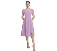 vittorio y Robe d'été élégante et légère à manches courtes taille haute avec col carré et fente latérale, violet , Taille Unique
