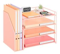 VITVITI Bac de rangement de bureau à 4 niveaux, porte-papier avec porte-dossier latéral, outil de rangement de bureau pour les magazines, la maison, l'école, les accessoires de papeterie - Rose
