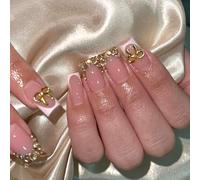 Viugex 24 Pièces Français Ongles à Coller Carrés, Rose Press on Nails avec 3D Doré Nœud & Diamant, Élégant Acrylique Couverture Complète Faux Ongles, Réutilisable Ongles Artificiels pour Femmes Filles