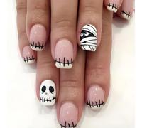 Viugex 24 Pièces Halloween Faux Ongles Français, Blanc Rose Ongles à Coller Court Carré, Squelette Momie Press on Nails, Acrylique Réutilisable Capsules Ongles pour Fille Décoration de Cosplay