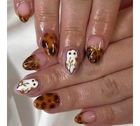 Viugex 24 Pièces Halloween Faux Ongles Moyenne Amande, Lmprimé Léopard Fantôme Citrouille Ongles à Coller, Français Press on Nails, Acrylique Artificiel Capsules Ongles pour Femmes DIY Manucure