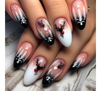 Viugex 24 Pièces Noël Faux Ongles Amande, Moyen Français Noir Blanc Press on Nails, Renne Mignon Ongles à Coller, Hiver Acrylique Couverture Complète Ongles à Presser pour Femmes Nail Art Décoration