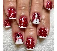 Viugex 24 Pièces Noël Faux Ongles Court Carrés, Rouges Ongles à Coller, Bonhomme de Neige Mignon French Press on Nails, Paillettes Acrylique Couverture Complète Artificiel Capsules Ongles pour Femmes