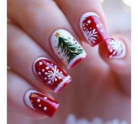 Viugex 24 Pièces Noël Français Faux Ongles, Court Carrés Rouge Blanc Artificiel Ongles à Coller, Sapin de Noël Capsules Ongles, Acrylique Couverture Complète Press on Nails pour Femmes DIY Manucure