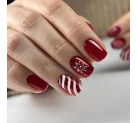 Viugex 24 Pièces Noël Rouge Français Faux Ongles, Court Carrés Artificiel Ongles à Coller, Flocon de Neige et Rayures Capsules Ongles, Acrylique Press on Nails pour Femmes Filles DIY Manucure