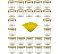 Viva Haushaltswaren G1130125/24T/X Lot de 24 Petits Pots de Confiture avec Couvercle doré 125 ML + Entonnoir Jaune avec système de Blocage