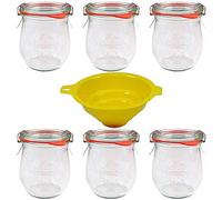 Viva Haushaltswaren G4030220/6TKR/X Lot de 6 bocaux à Bord Arrondi en Forme de Tulipe 220 ML avec Pinces, Anneaux et Entonnoir Jaune avec système de Blocage