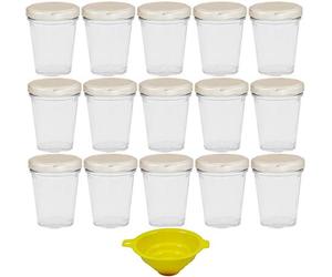 Viva Haushaltswaren Lot de 15 Mini Lunettes de verre/80 ML Bocaux à Confiture avec couvercles à vis farbenem Argent pour épices confitures chutneys, Desserts, etc. + Entonnoir Jaune