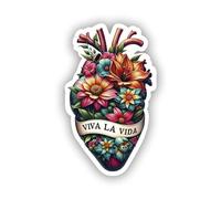 Viva LA VIDA - Autocollant en vinyle imperméable avec motif floral et cœur inspiré de Frida Kahlo - Multicolore - Différentes formes pour ordinateurs portables, voitures, bouteilles, motif culturel,